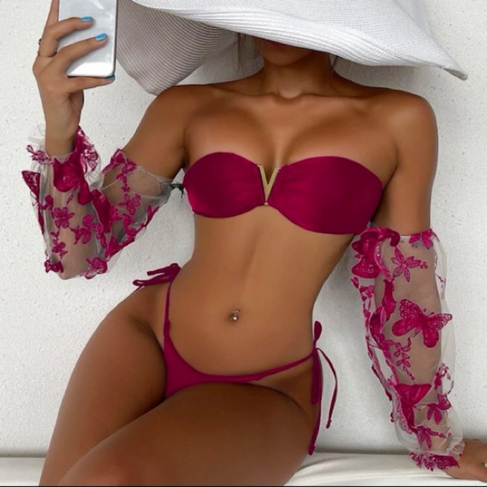 V Wired Embroidery Mesh Sleeves Bikini Swimsuit💖